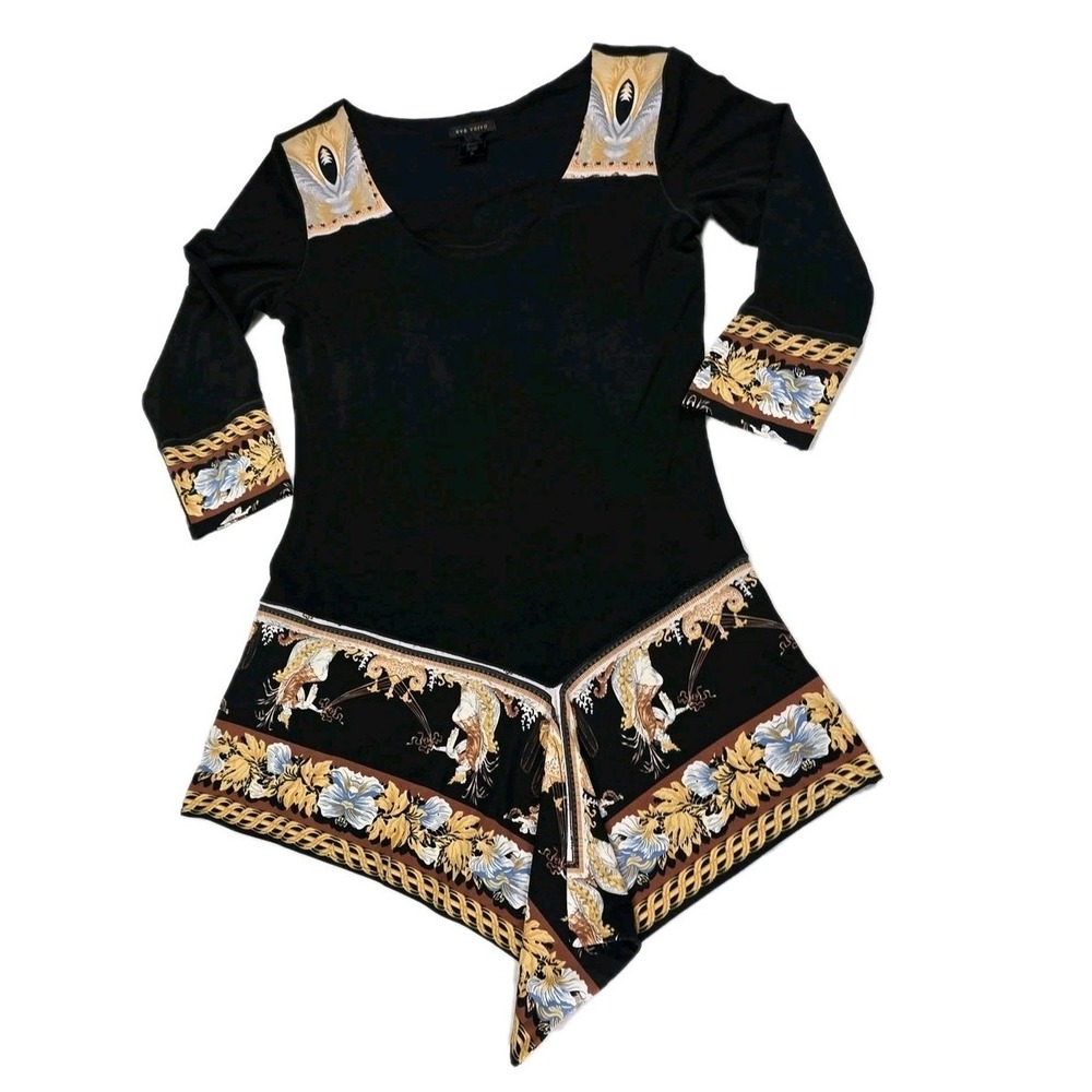 Eva Varro 3/4 Sleeve Asymmetrical Hem Tunic Top Dress Black Gold Baroque Small